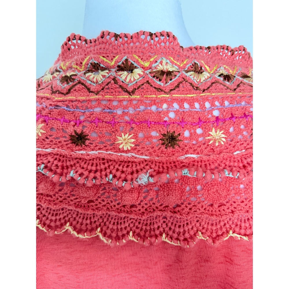 Free People Coral Pink Crochet Embroidered Henley Boho Long Sleeve Top Women M - Picture 7 of 15